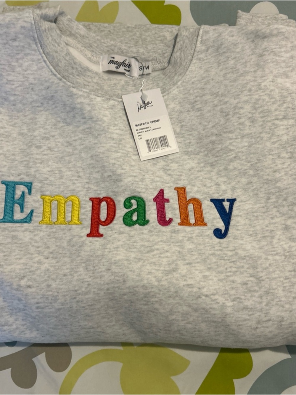 Mayfair Grey 'Empathy' Embroidered Crewneck Sweater